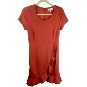 Lark & Ro Dress Women 10 Pink Coral Sheath Mini Short Sleeves Stretch Ruffle
